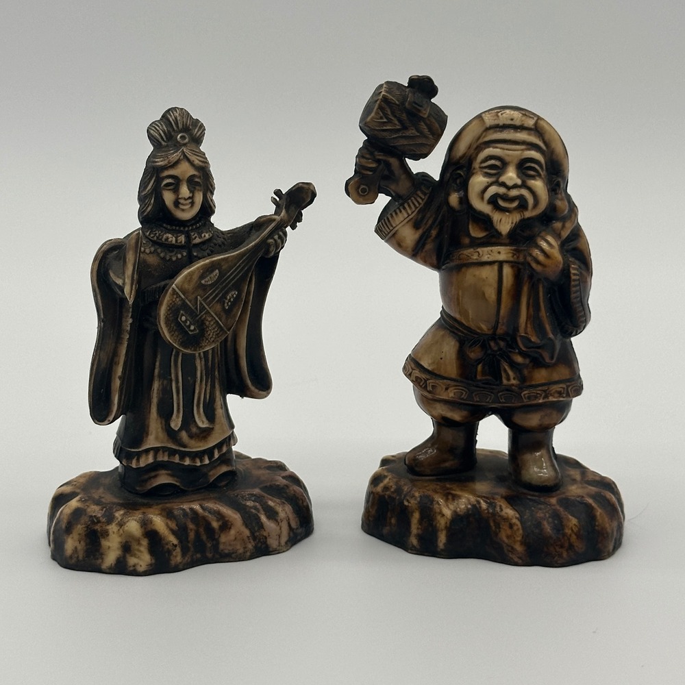 Vintage Japanese Seven Lucky Gods Figurines Daikokuten Benzaiten Faux Bone Resin